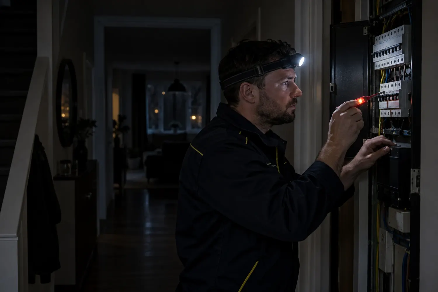 Elektricien spoort ’s avonds met een hoofdlamp een stroomstoring op in de meterkast
